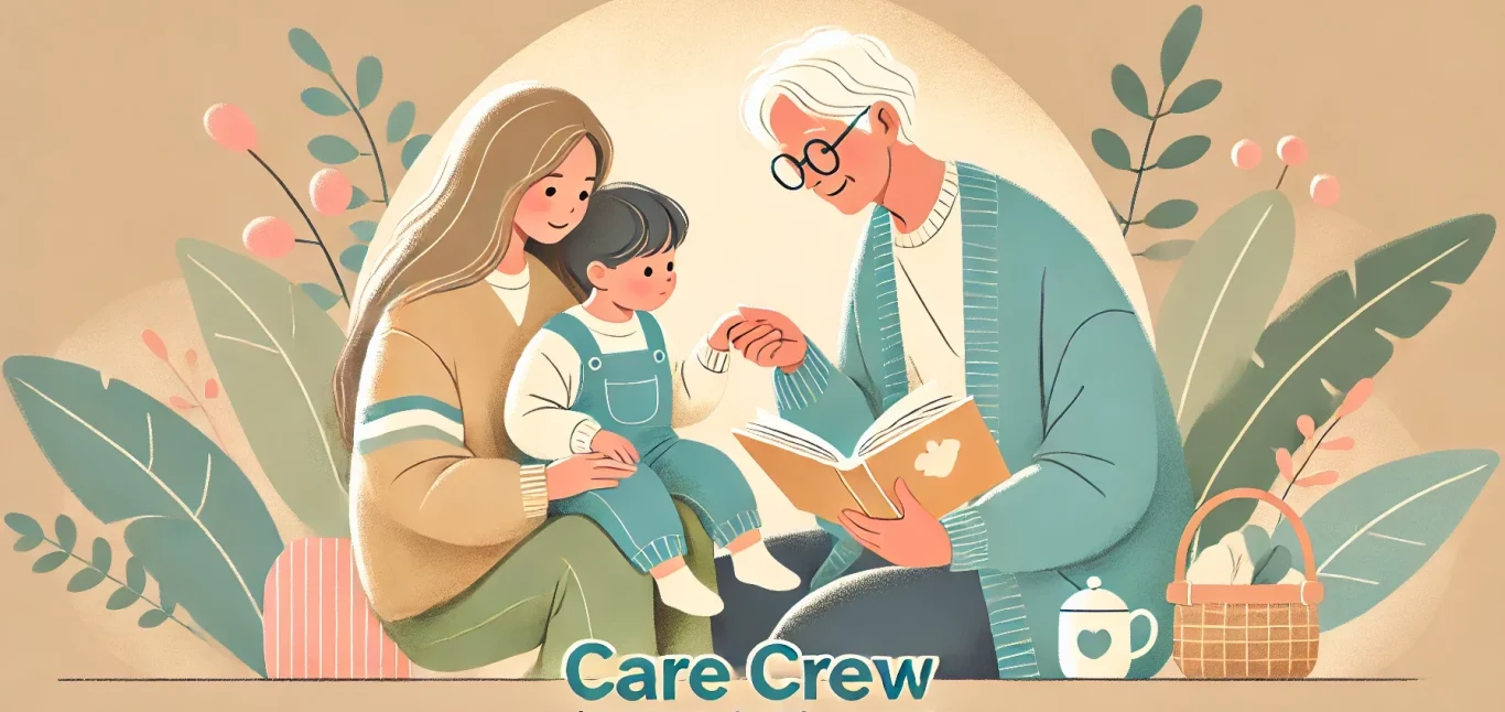 Un grand-parent lit une histoire à un enfant, avec un parent attentif à leurs côtés.