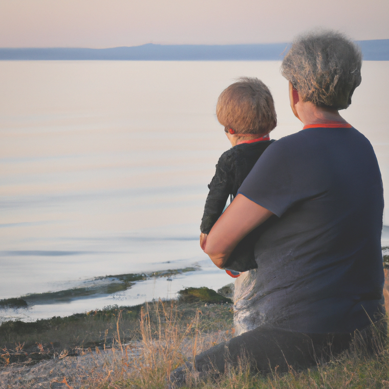 Un senior tient un enfant dans les bras, tous deux regardant un paysage serein au bord de l'eau.